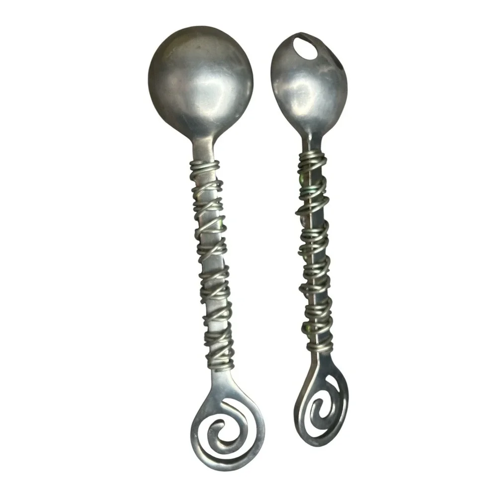 Dary Rees Salad Servers Vintage 1990s Pewter Colorful Stone Handle Set